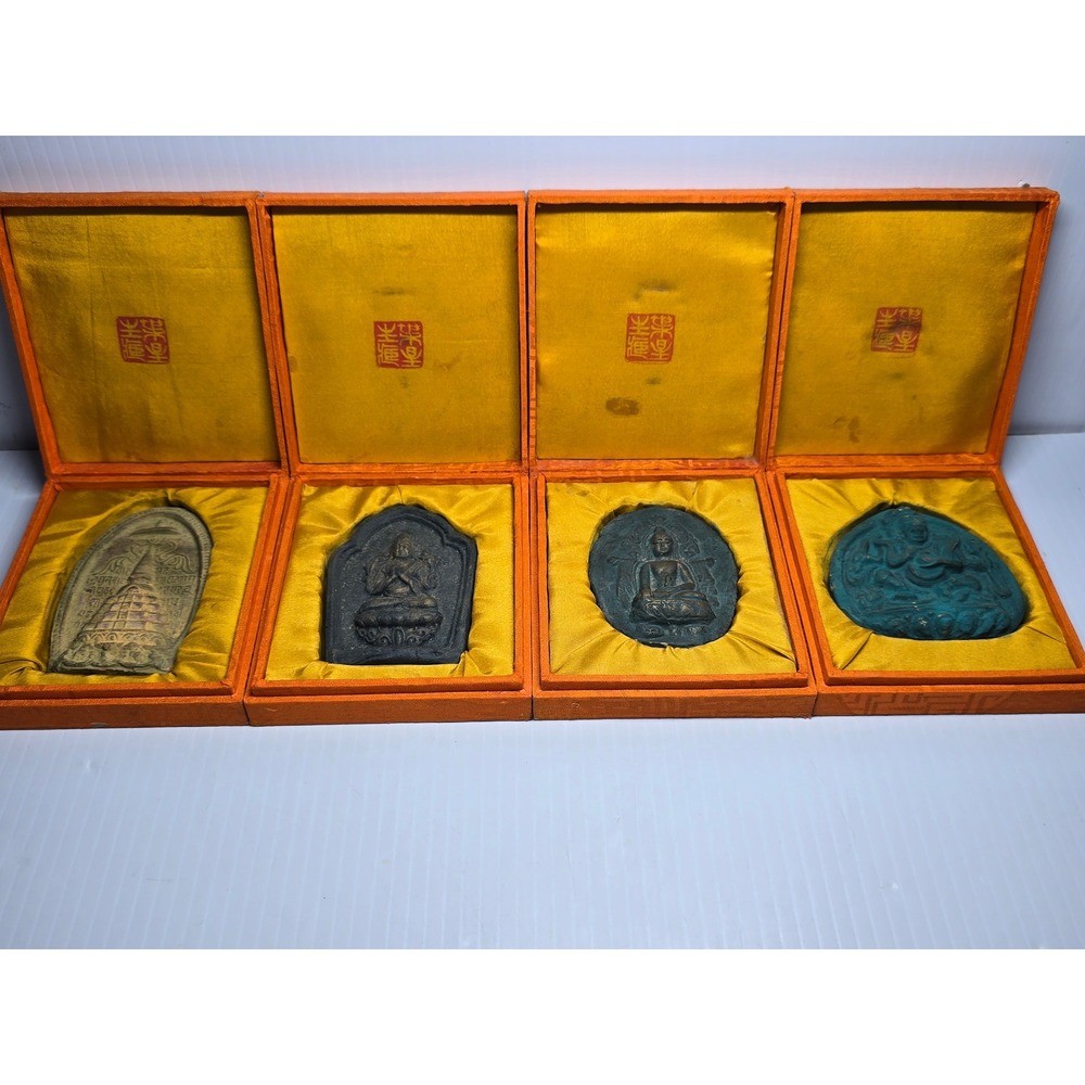 Tibetan/ Gods/ Buddah/ Temple set of 4 various‎ clay medallions in display boxes